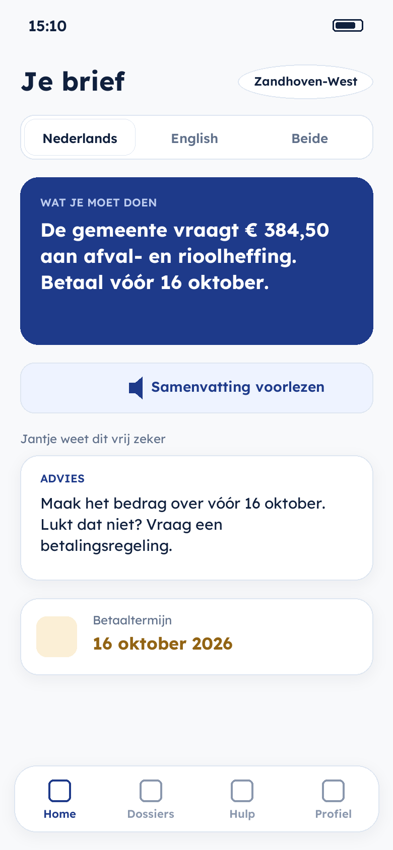 Uitlegscherm van Jantje: samenvatting van de brief, advies en voorleesknop